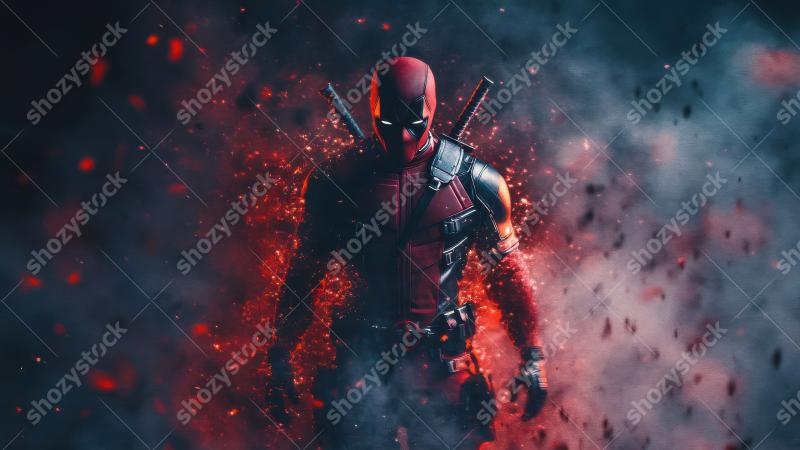 Dynamic superhero standing amidst clouds of smoke and vibrant colors in an intense scene