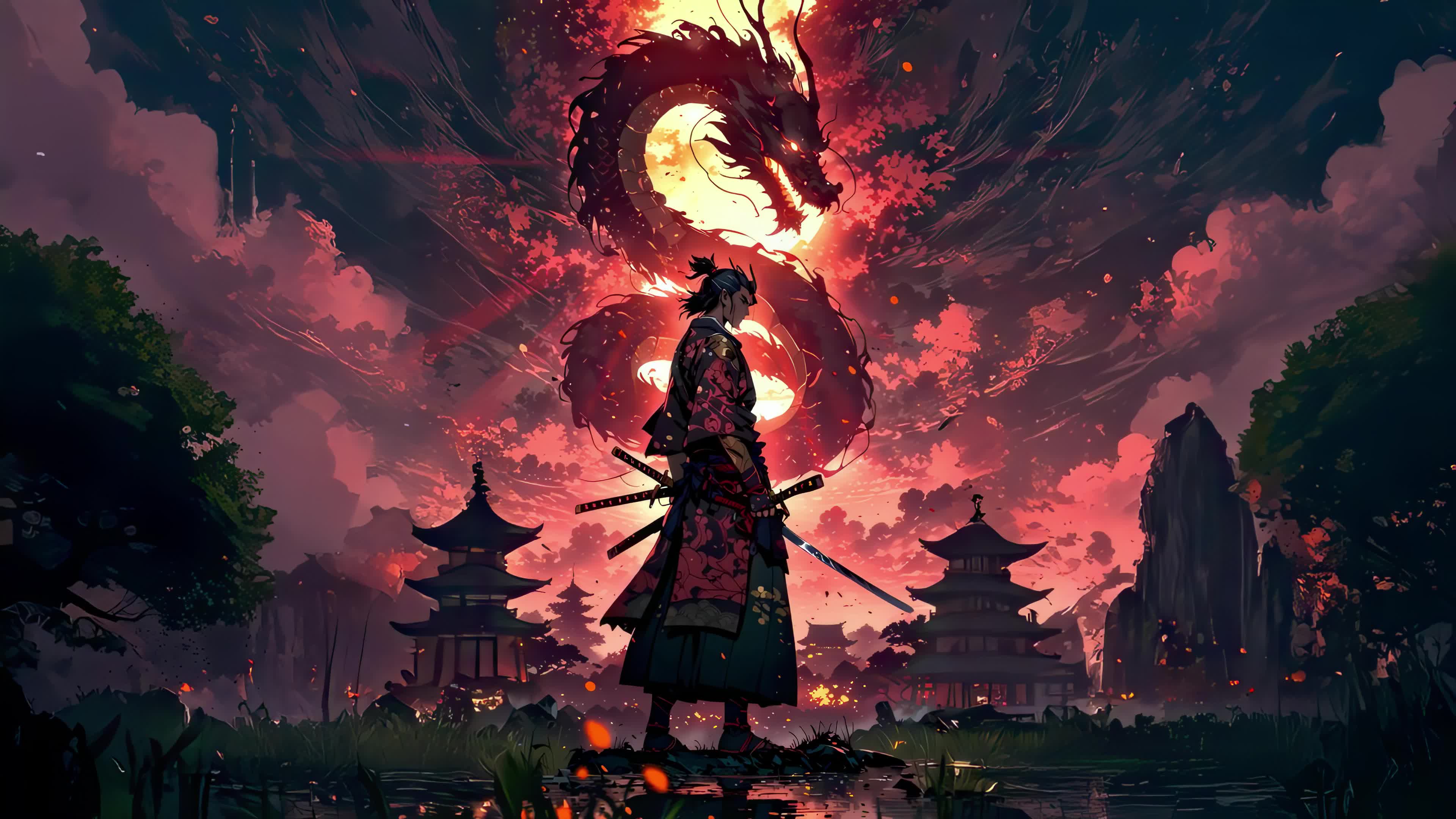 Warrior stands strong under a dragon in a vibrant sunset in ancient Japan